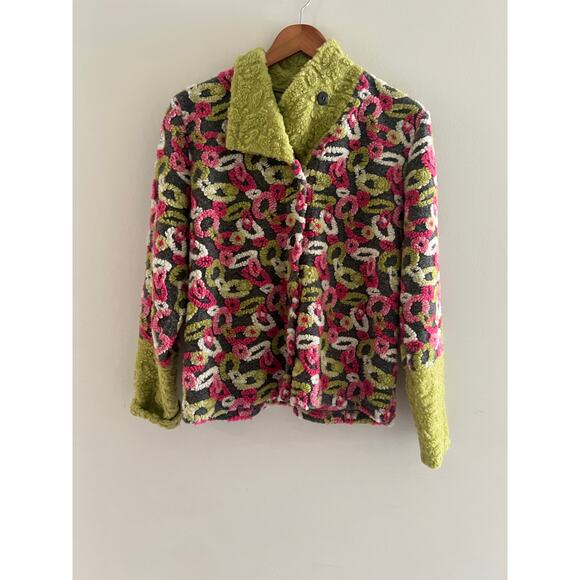 tLb Design Wool Blend Jacket Sweater Wearable Art Abstract Green Pink Small JL - Picture 1 of 7
